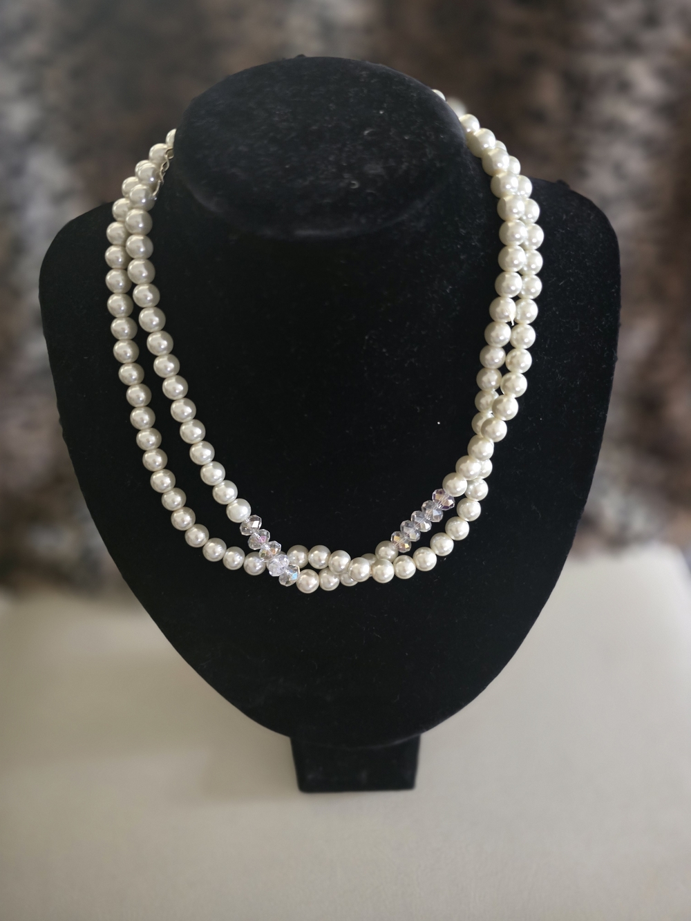 Classic Double-Strand Faux Pearl Necklace with Crystal Accent - White